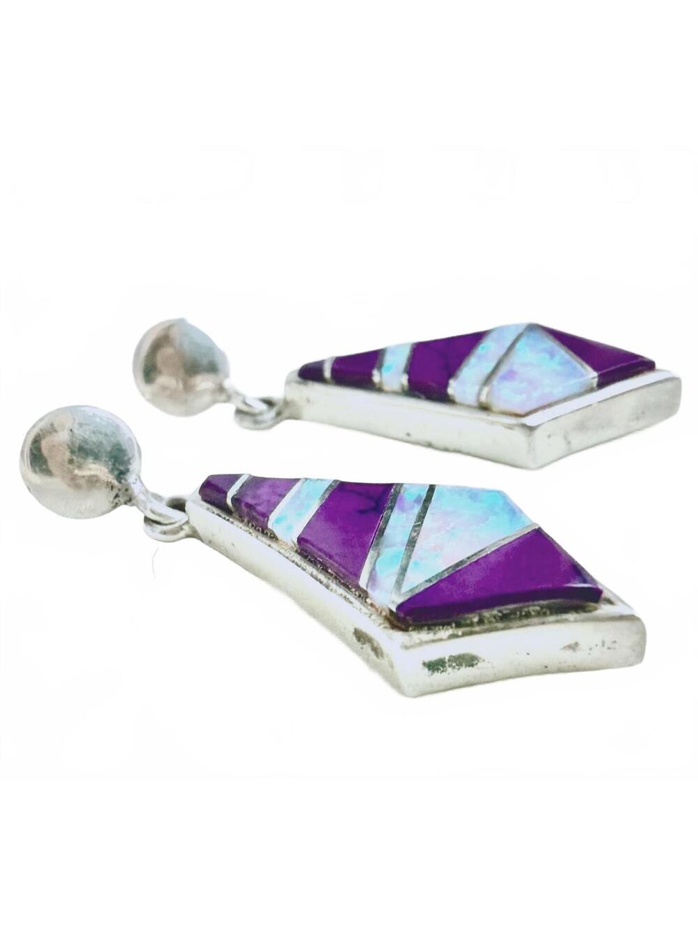 Sterling Sugilite Opal Inlay Dangle Earrings 925 Vintage - Picture 2 of 5